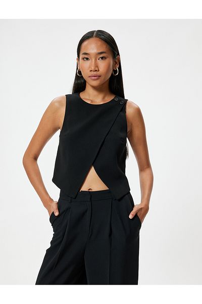 Koton Round Neck Shoulder Button Detailed Asymmetric Cut Double Breasted Crop Vest
