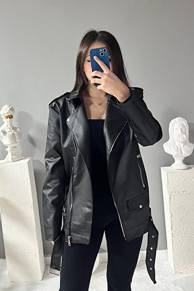 Jaglion Elvera supradimensionat Jachetă lungă din piele neagră pentru femei