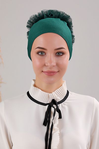 Melodi Scarf Σμαραγδένιο καπό Hijab 5 τεμαχίων - με βολάν και λεπτομέρεια ραφής