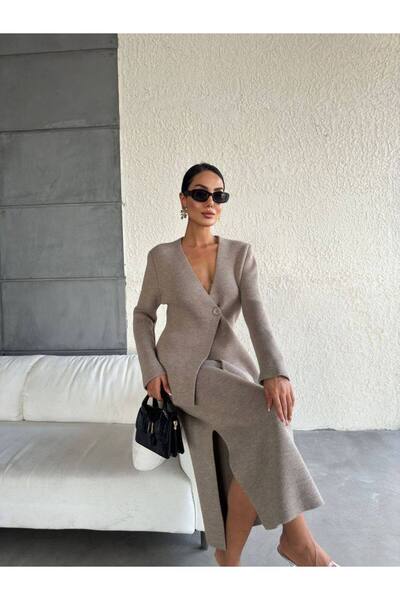 Lusin Women's Stone Knitwear Jacket Skirt Thick Bottom Top Premium Knitwear Set