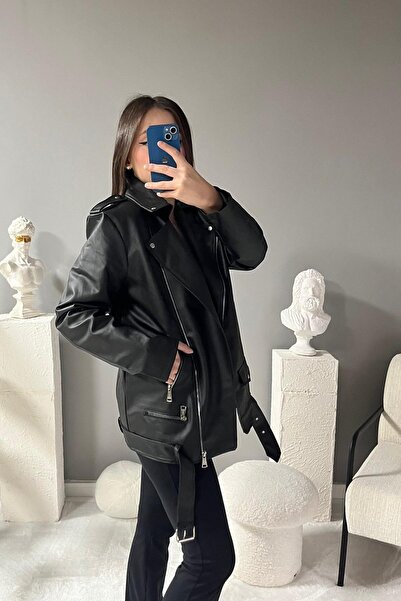 Jaglion Elvera supradimensionat Jachetă lungă din piele neagră pentru femei