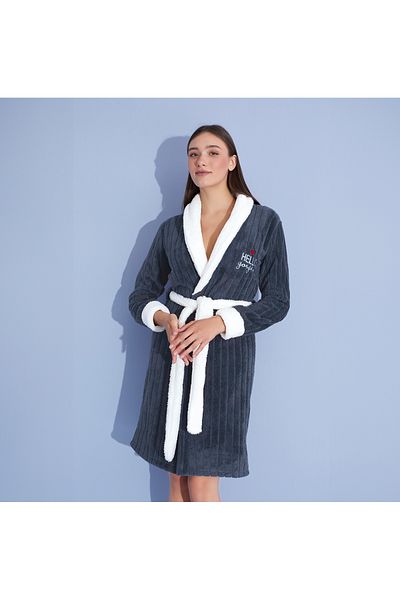 Alcteks Soft Wellsoft Plush Dressing Gown – Women's Model with Stripes & Tie Detail