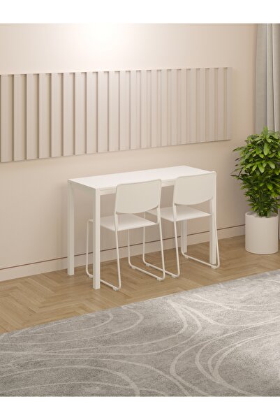 NEATS Beyaz Mutfak Masası, 45x116, Beyaz Bar Masası, Metal Ayaklı Mutfak Masası, Ahşap Bar Mutfak Masası