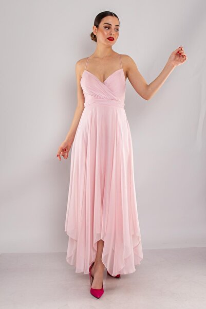 DORİDORCA 4059 Sırt İp Askı Kristal Şifon Midiboy Elbise