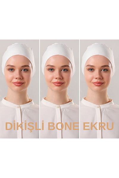 Melodi Scarf Ecru Hijab ραμμένο γυναικείο σετ καπό - 3 τεμάχια δεμένο χτενισμένο βαμβάκι