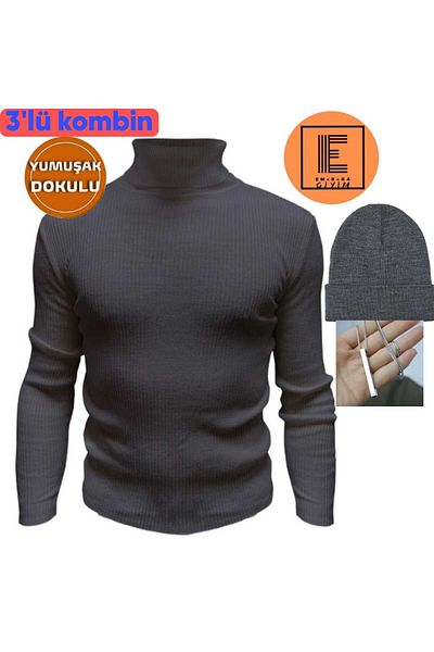 EMKA GİYİM Unisex 3-Pece Combination Anthracite πουλόβερ Beanie κολιέ Emka