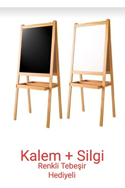 byahşap Çift Taraflı Ayaklı Ahşap Çocuk Yazı Tahtası Kalem Silgi Tebeşir Hediyeli