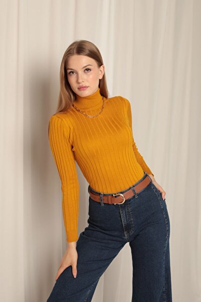 Generic Brand Knitwear Fabric Turtleneck Women's Mustard Blouse
