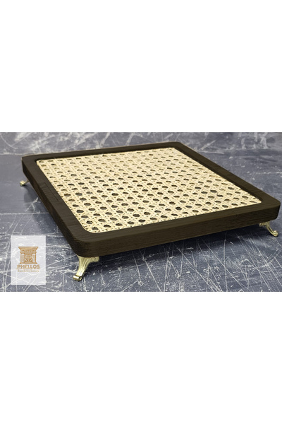 arykanda SİYAH AHŞAP HAZERAN TEPSİ ,GOLD AYAKLI DOĞAL RATTAN SUNUMLUK