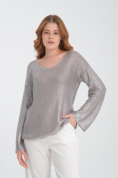 sumoda Women's Clothing Blouse Knitwear Foil Finish Glittering V-Neck Shiny L...