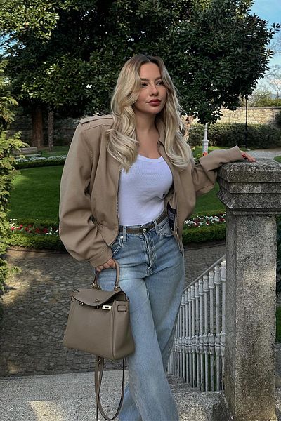 Suud Collection Camel Cooper Crop Bomber Jacket