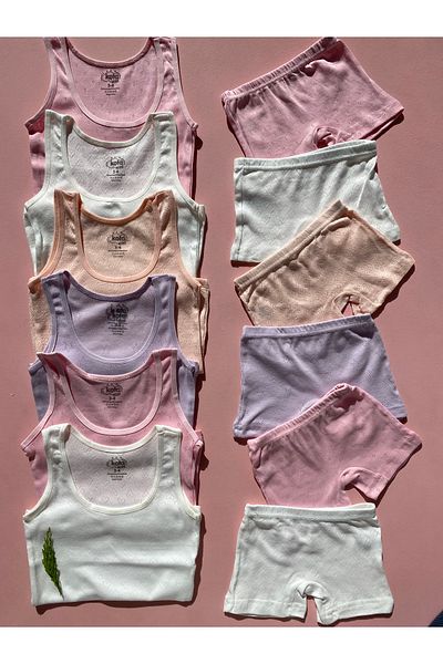 LEYNA BUTİK Girl's Thick Strap Cotton Knitted Perforated Fabric 6-Piece Undershirt - Shorts Set