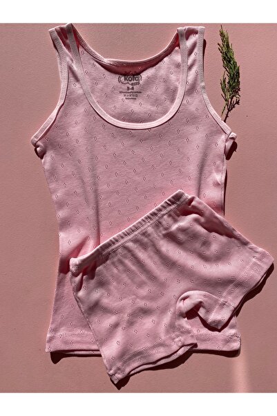 LEYNA BUTİK Girl's Thick Strap Cotton Knitted Perforated Fabric 6-Piece Undershirt - Shorts Set