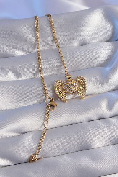 Store 316L سلسلة الصلب الذهب اللون الزركون حجر الملاك أجنحة القلب قلادة