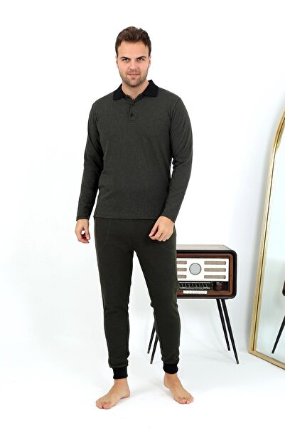 Akbeniz Haki Чоловічий піжамний комплект з поло-коміром та довгими рукавами - 6862