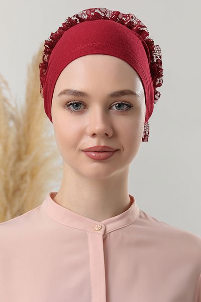 Melodi Scarf 5-Piece Bonnet Claret Red Women's Hijab - Frilly and Stitching Detail