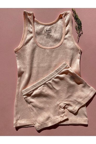 LEYNA BUTİK Girl's Thick Strap Cotton Knitted Perforated Fabric 6-Piece Undershirt - Shorts Set