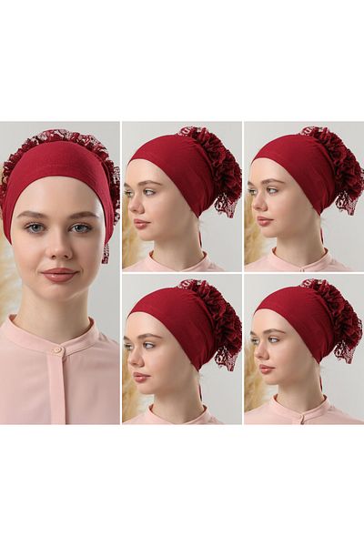 Melodi Scarf 5-Piece Bonnet Claret Red Women's Hijab - Frilly and Stitching Detail