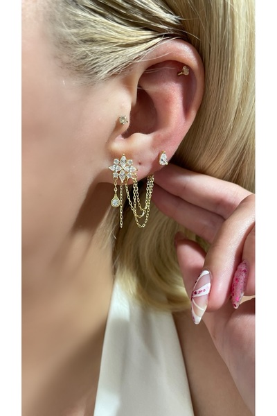 Luna Argento ÇİÇEK VE DAMLA MODEL ZİNCİRLİ 2'Lİ KÜPE