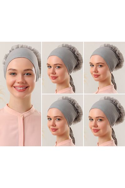 Melodi Scarf Γκρι Hijab 5 τεμαχίων βολάν ραμμένο γυναικείο μπονέ
