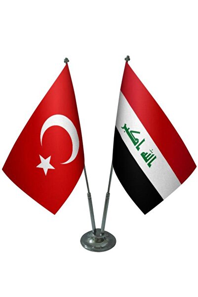 Saturn Masa Üstü Irak Bayrağı Türk Bayrağı Ikili Krom Direk Masa Bayrak Seti
