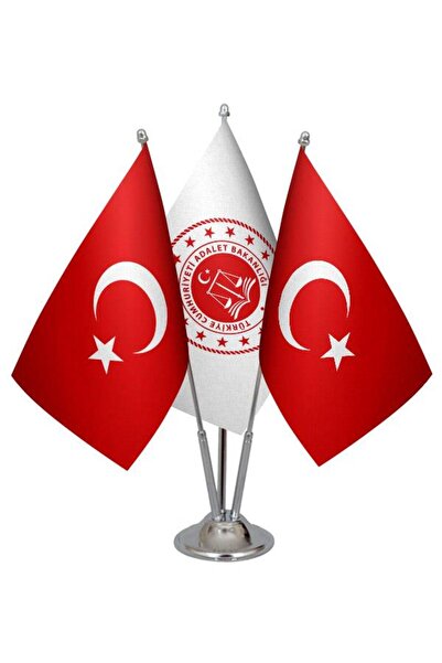 Saturn Masa Üstü Adalet Bakanlığı Bayrağı 2 Türk Bayrağı Üçlü Krom Direk Masa...