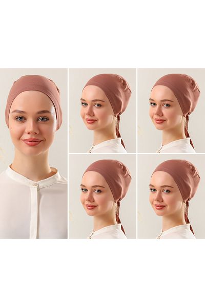 Melodi Scarf Γυναικείο Hijab Seamless Set Bone Cinnamon 5 τμχ Δέσιμο χτενισμένο βαμβακερό καπό