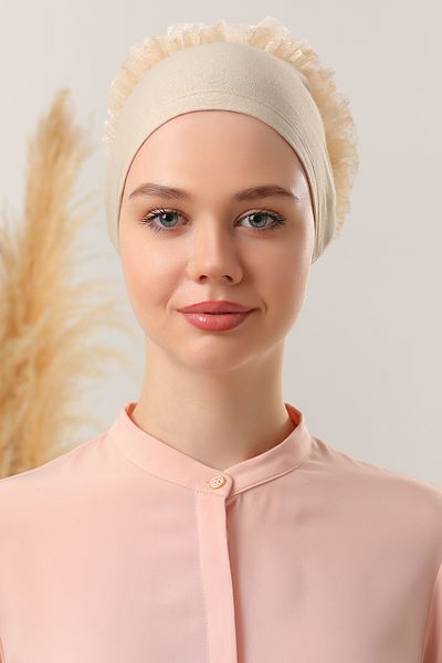 Melodi Scarf Σετ 5 Μπεζ Hijab με μοτίβο - Καπό ραφής με βολάν
