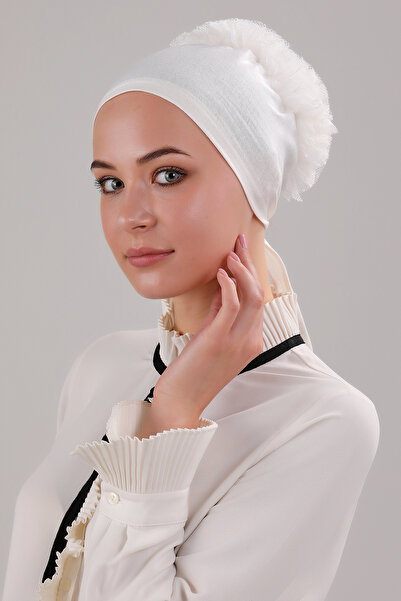 Melodi Scarf Ecru Women's Hijab - 5-Piece Frilly and Stitching Detailed Bonnet