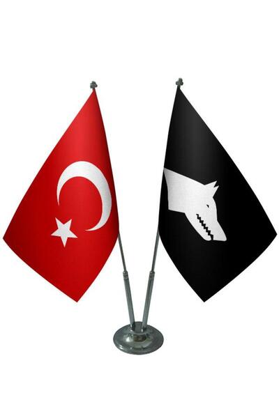 Saturn Masa Üstü Siyah Göktürk Bayrağı Türk Bayrağı Ikili Krom Direk Masa Bay...