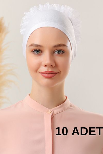 Melodi Scarf White Hijab 10-Piece Frilly Stitched Women's Bonnet