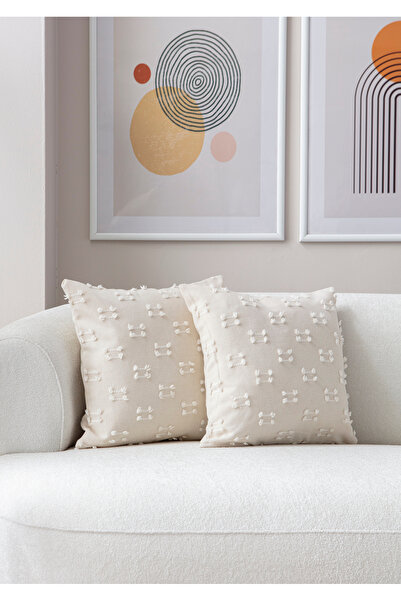 Ottoson İkili Dekoratif Puantiye Keten Kumaşlı Kırlent Kılıfı 43x43 Krem