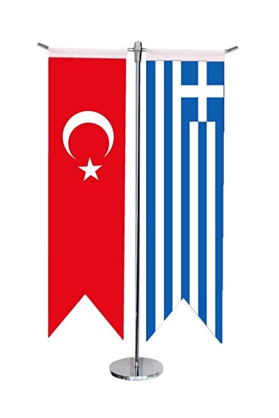 Saturn Masa Üstü Kırlangıç Yunanistan Türk Bayrağı Krom T Direk Masa Bayrak Seti