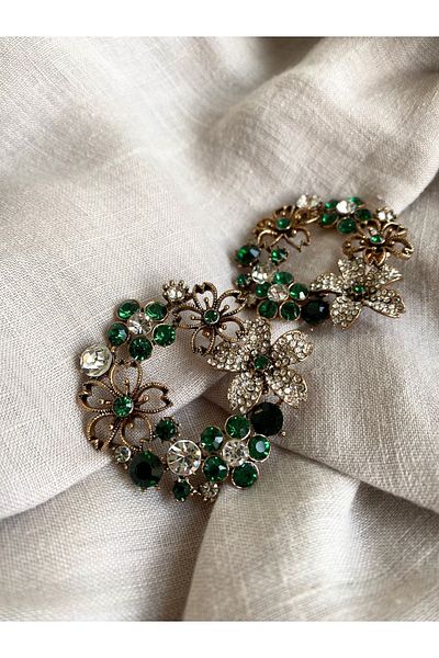 FAYRA ACCESSORIES Green Flower Jewelled Earrings - Crystal Wreath Design
