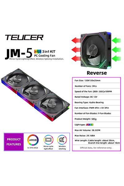 TEUCER A-rgb Black Jm-5-r-bk Jm-5 Case Fan 120mm 5v 3pin Argb Mirror Light Effect Cooling Fan