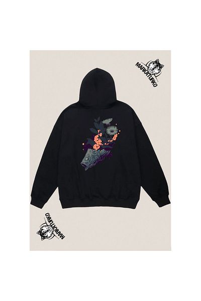 MarkaTurko Fish Custom Design Back Printed Black Hooded Unisex Sweatshirt 1205-24