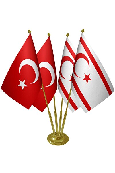Saturn Masa Üstü Kktc Kuzey Kıbrıs Bayrağı Türk Bayrağı Dörtlü Pirinç Direk M...