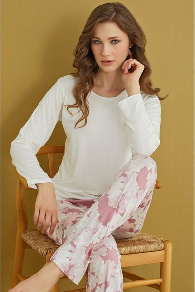 seamlife Set de pijamale cu mânecă lungă, 100% bumbac, decolteu alb, culoare pulbere, cu imprimeu floral