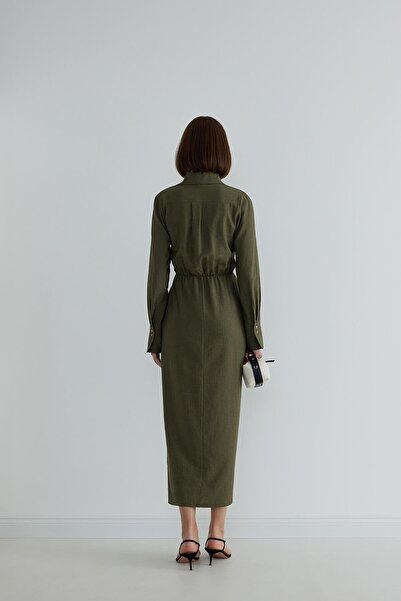 Suud Collection Khaki Linen Dress - Wraped Collar, Nolid Color