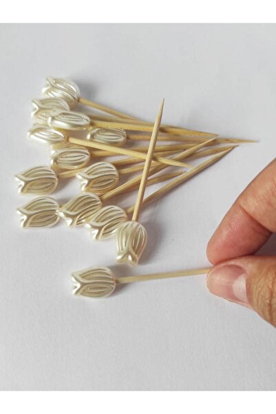 10 Adet Dekoratif Büyük Lale Incili Pasta Kürdanı 6 Cm - Lale 1,5 Cm