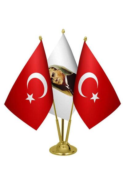 Saturn Masa Üstü Atatürk Bayrağı Türk Bayrağı Üçlü Pirinç Direk Masa Bayrak Seti