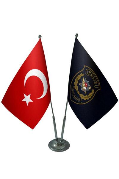 Saturn Masa Üstü Polis Özel Harekat Bayrağı Türk Bayrağı Ikili Krom Direk Mas...
