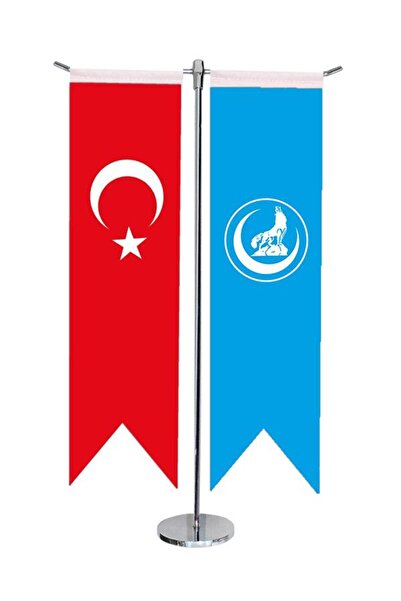 Saturn Masa Üstü Kırlangıç Ülkü Ocakları + Türk Bayrağı + Krom T Direk Masa B...