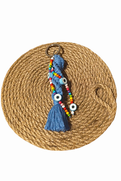 nftart.design أزرق - مطرز بالعين الشريرة - سلسلة مفاتيح مصنوعة يدويًا من المكرامية / حلية حقيبة