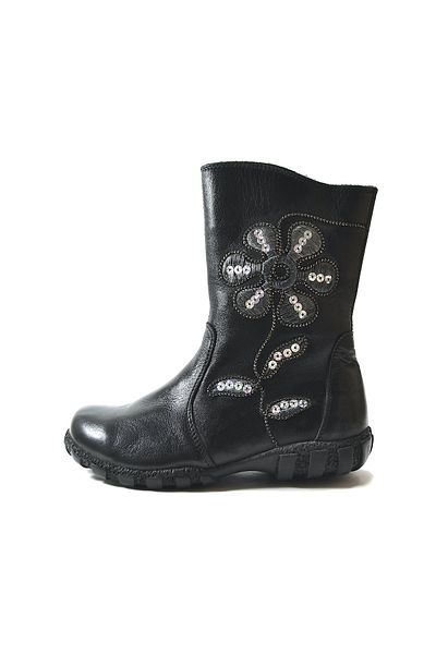 Onlo Ayakkabı Onlo Shoes OP.18 Γνήσιο Δερμάτινο Μαύρο Κεντημένο Κοριτσίστικο Μισό Μποτάκι
