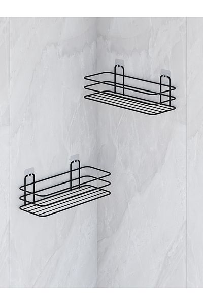 MultiStore 2 τμχ Organizer μπάνιου - Κολλώδες, ράφι σαμπουάν, χαλάκι για σαπούνι, μαύρη κρεμάστρα ντους