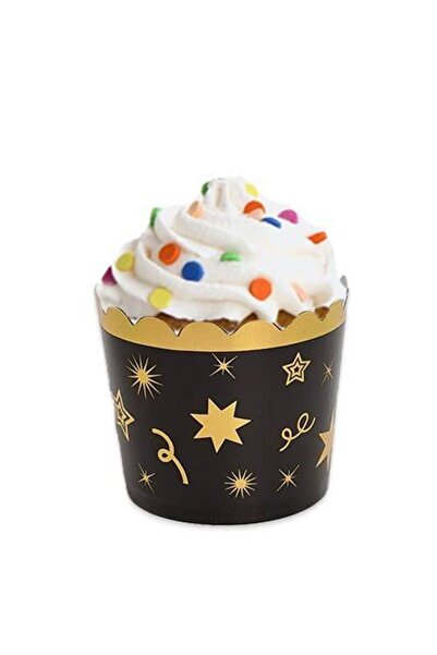 Parti Dükkanım 12 Black Muffin Cakes - Star with Gold Leaves
