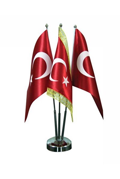 Saturn Masa Üstü Üçlü Türk Bayrağı Biri Simli + Üçlü Krom Direk Masa Bayrak Seti
