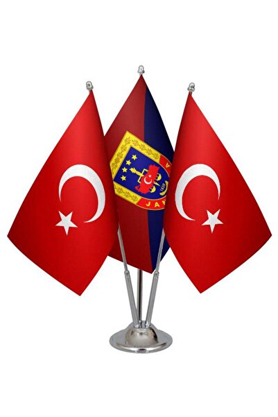 Saturn Masa Üstü Jandarma Bayrağı Türk Bayrağı Üçlü Krom Direk Masa Bayrak Seti