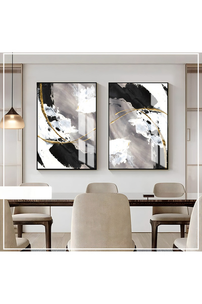 Harikabirev |gri Bej Gold Kombini Soyut Desenler |temperli Cam Tablo 2li Dikey